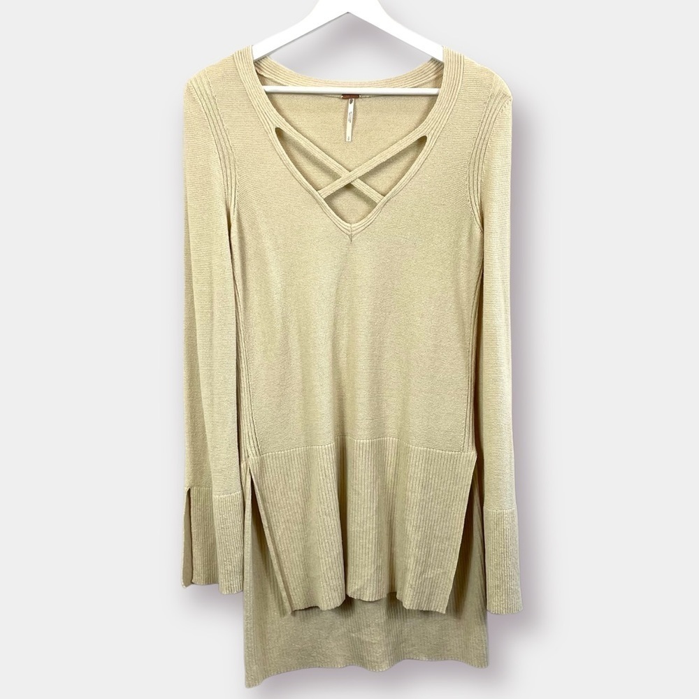 Free People Tunic Sweater Boho Criss Cross Side Slit Knit Cream Size Small - Picture 2 of 6